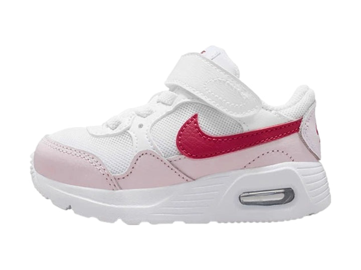 Tenis Nike Air Max SC para bebé en color blanco con detalles en rosa y violeta.