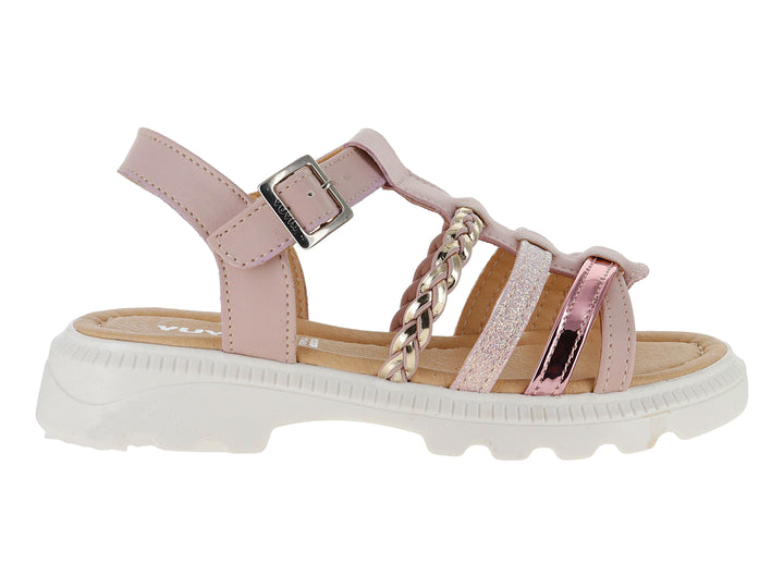 Sandalia infantil rosa con suela blanca, tiras brillantes y detalle trenzado.