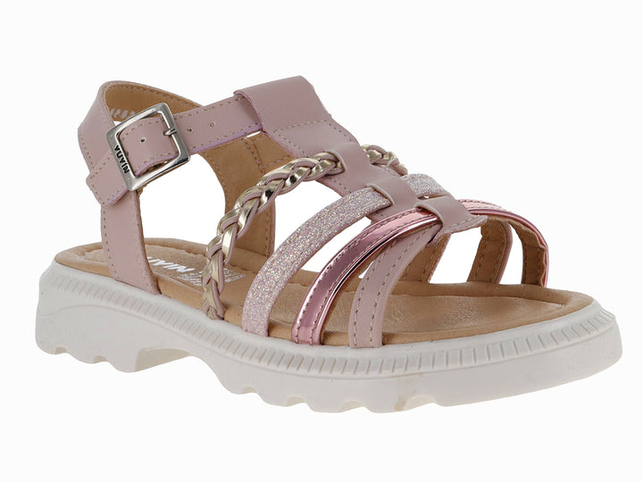 Sandalia infantil rosa con suela blanca, tiras brillantes y detalle trenzado.