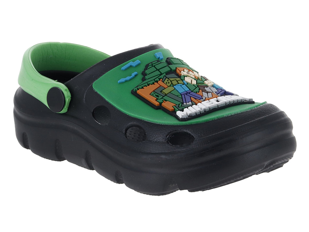 Sandalias tipo clog color negro con correa y detalles en verde para niño.