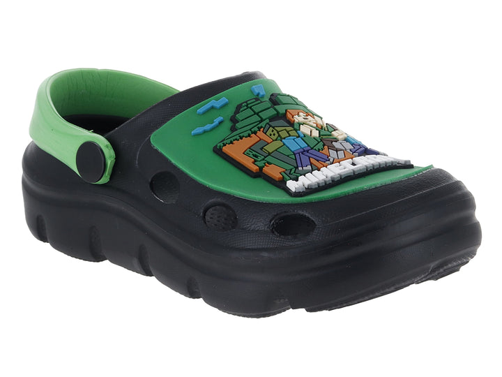 Sandalias tipo clog color negro con correa y detalles en verde para niño.