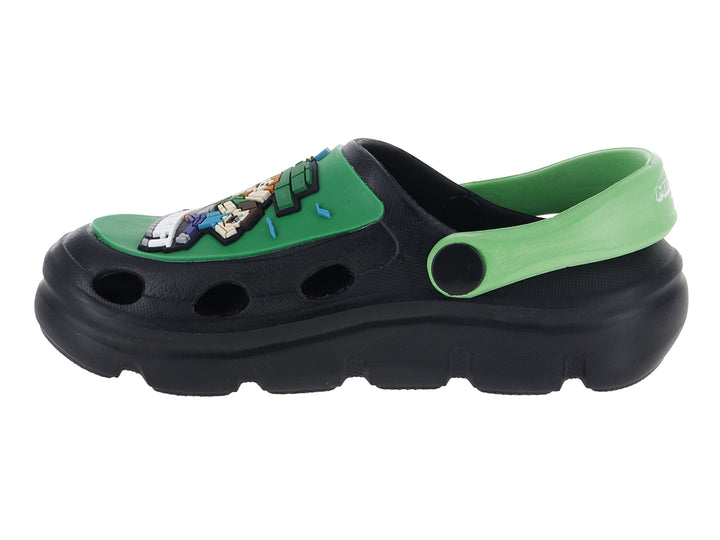 Sandalias tipo clog color negro con correa y detalles en verde para niño.