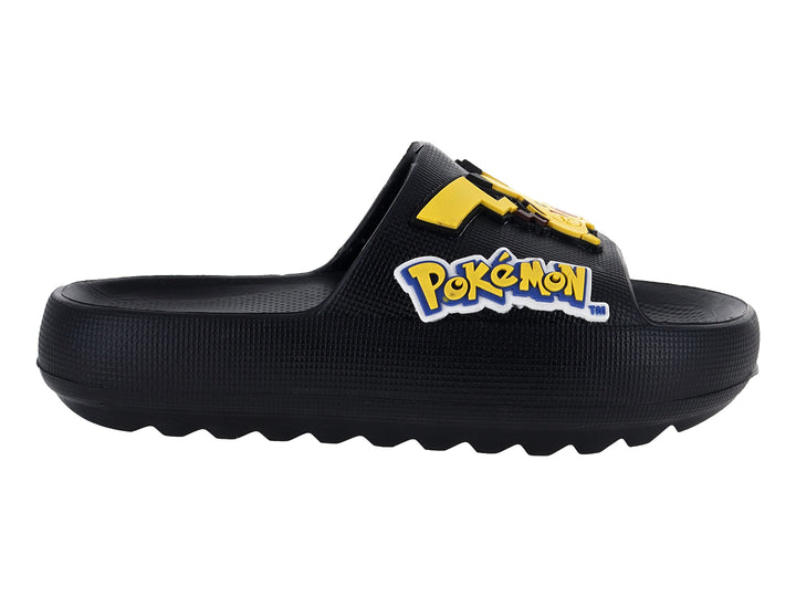 Sandalias de playa negras para niño con logo de Pokémon y detalle amarillo en la correa.