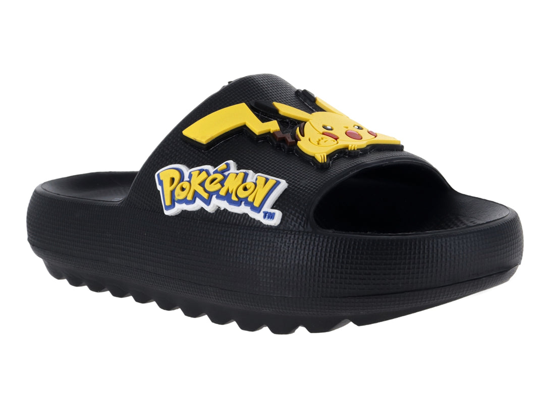 Sandalias de playa negras para niño con logo de Pokémon y detalle amarillo en la correa.