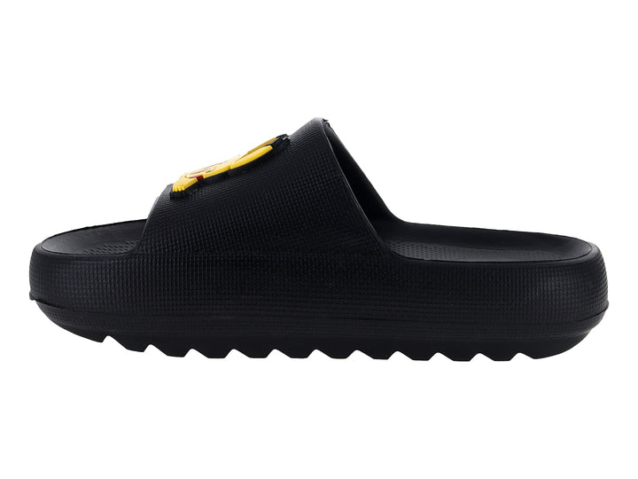 Sandalias de playa negras para niño con logo de Pokémon y detalle amarillo en la correa.