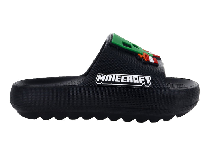 Sandalia de playa negra para niño con logo y figura decorativa de Minecraft en la correa.