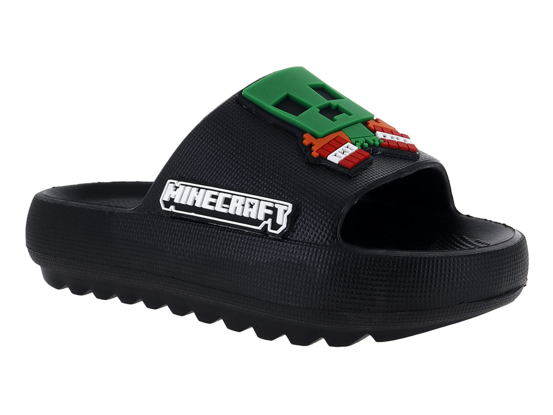 Sandalia de playa negra para niño con logo y figura decorativa de Minecraft en la correa.
