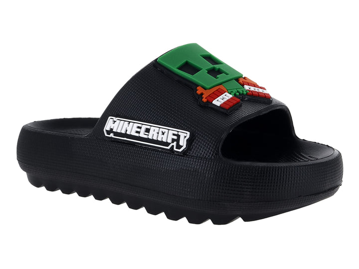 Sandalia de playa negra para niño con logo y figura decorativa de Minecraft en la correa.