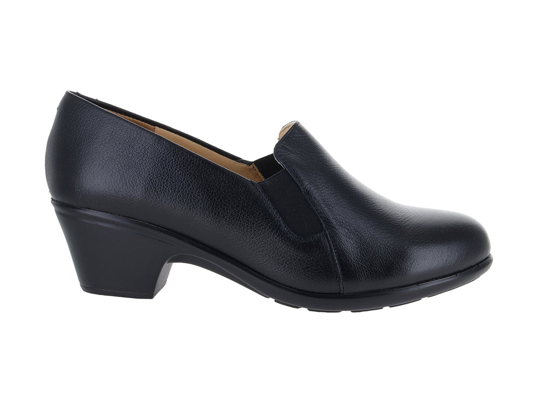 Zapato de piel color negro con tacón bajo y cuadrado, estilo clásico y formal para mujer.