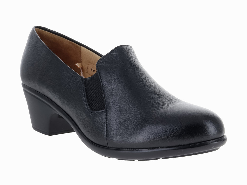 Zapato de piel color negro con tacón bajo y cuadrado, estilo clásico y formal para mujer.