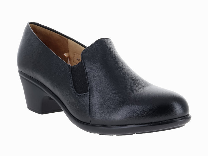Zapato de piel color negro con tacón bajo y cuadrado, estilo clásico y formal para mujer.
