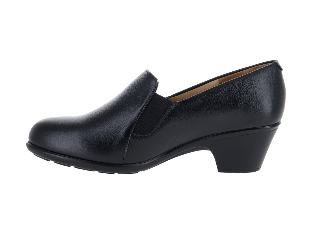 Zapato de piel color negro con tacón bajo y cuadrado, estilo clásico y formal para mujer.