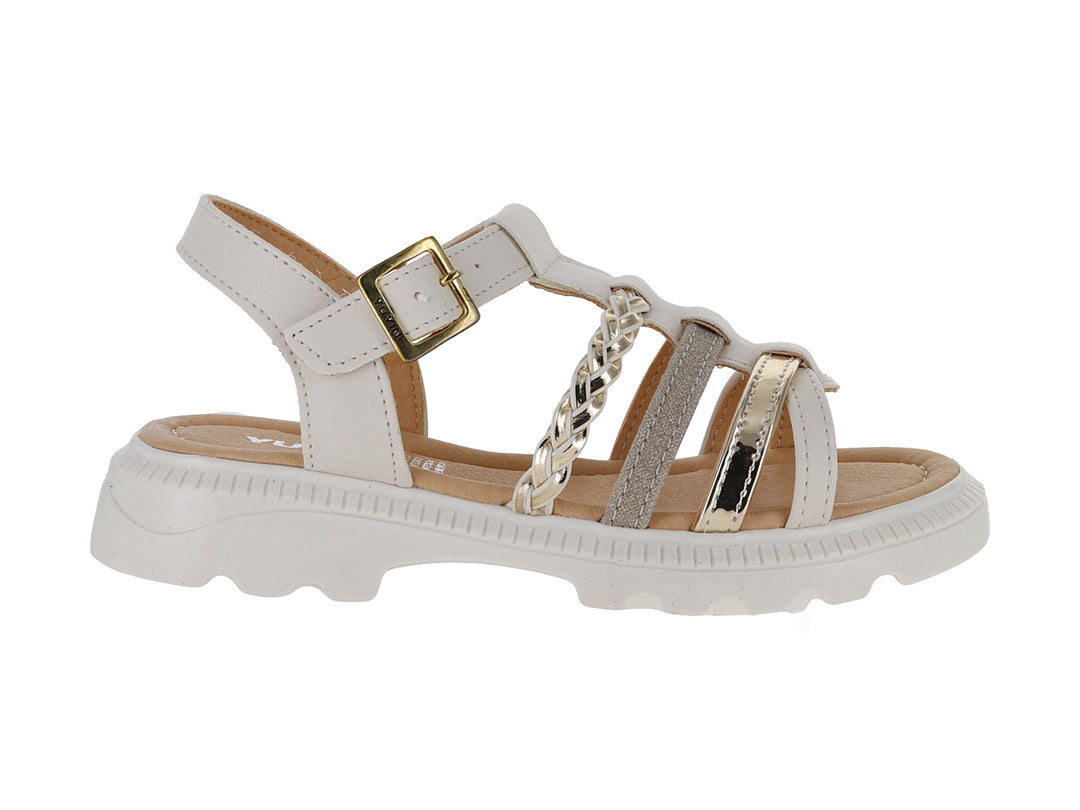 Sandalia infantil color latte con plataforma blanca y detalles dorados en las correas.
