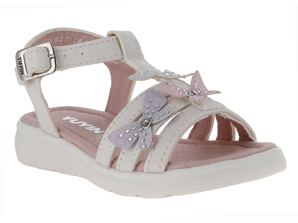 Sandalias color latte para niña con adorno de mariposa brillante y correa con hebilla.