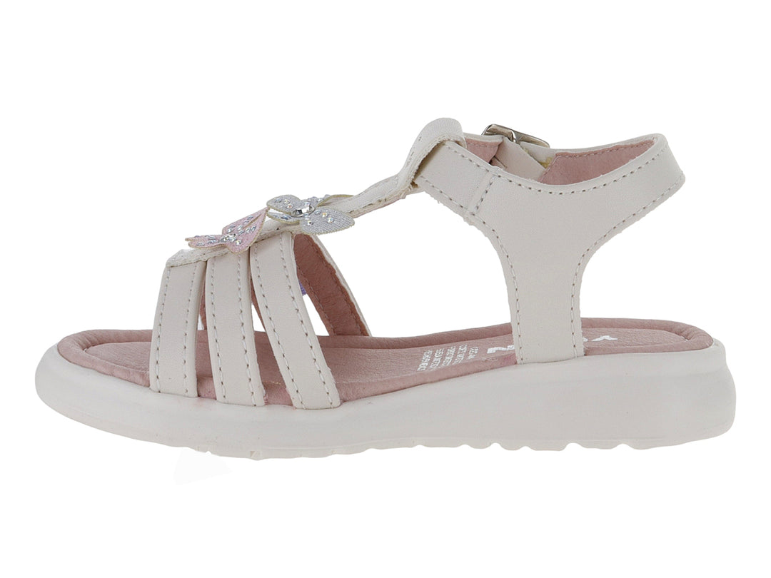 Sandalias color latte para niña con adorno de mariposa brillante y correa con hebilla.