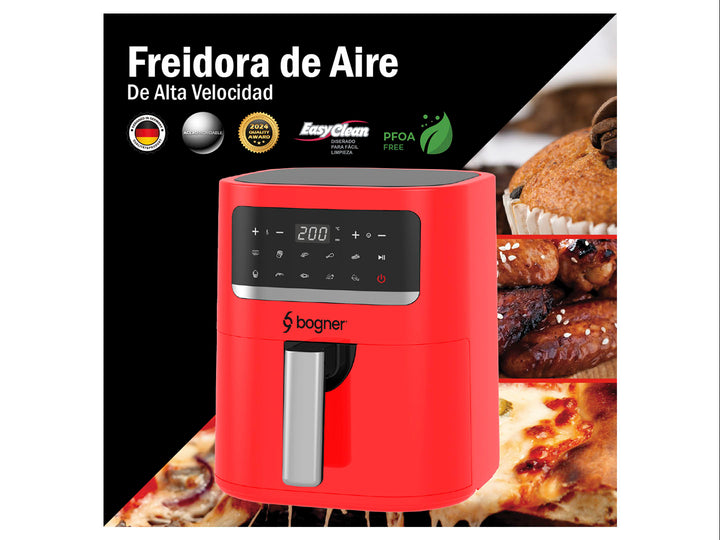 Freidora de aire Bogner color rojo con panel de control digital y mango plateado.
