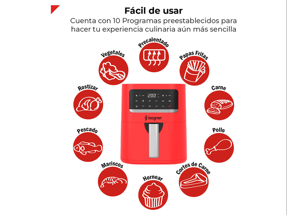 Freidora de aire Bogner color rojo con panel de control digital y mango plateado.