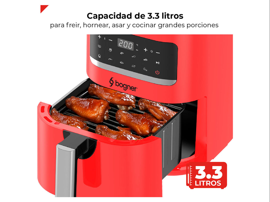 Freidora de aire Bogner color rojo con panel de control digital y mango plateado.