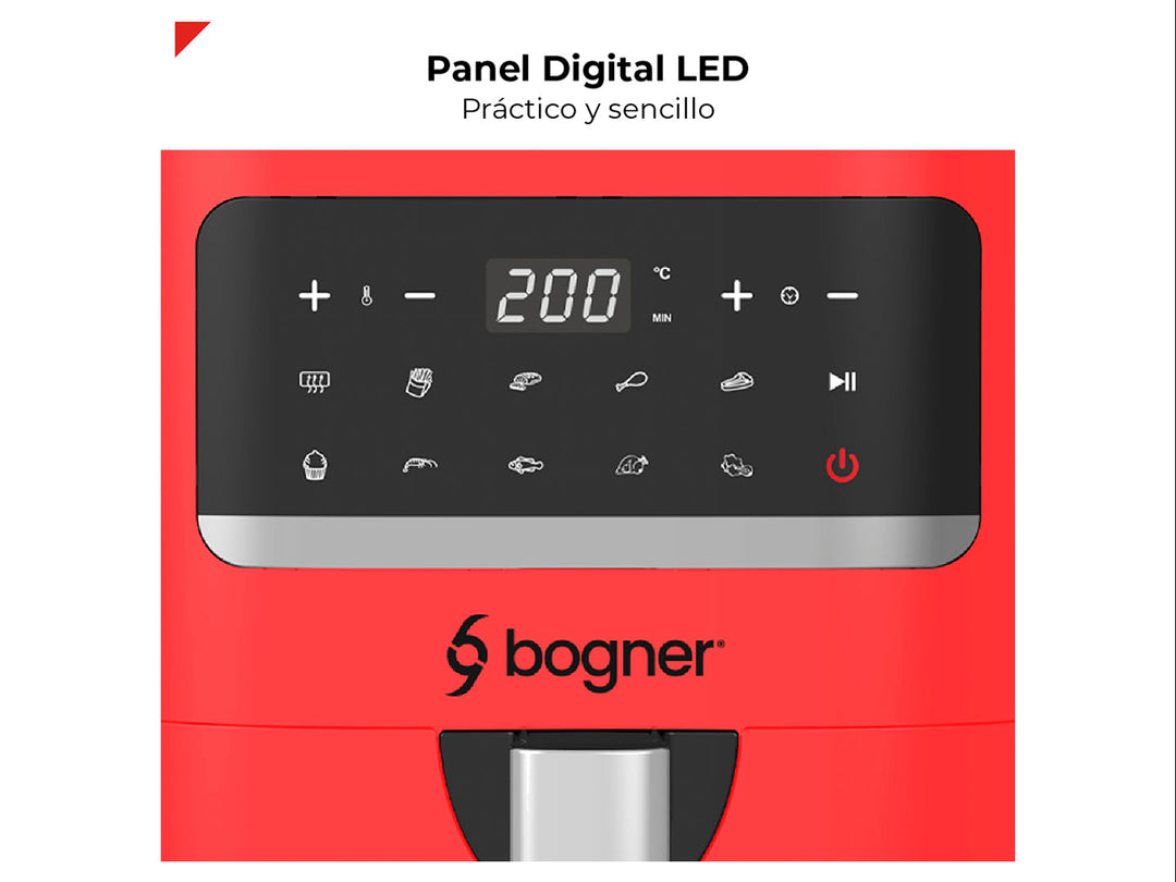 Freidora de aire Bogner color rojo con panel de control digital y mango plateado.