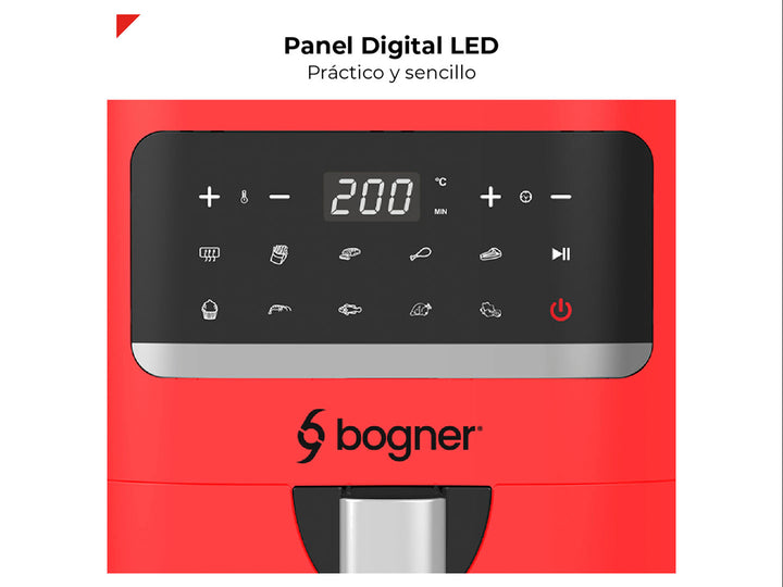Freidora de aire Bogner color rojo con panel de control digital y mango plateado.