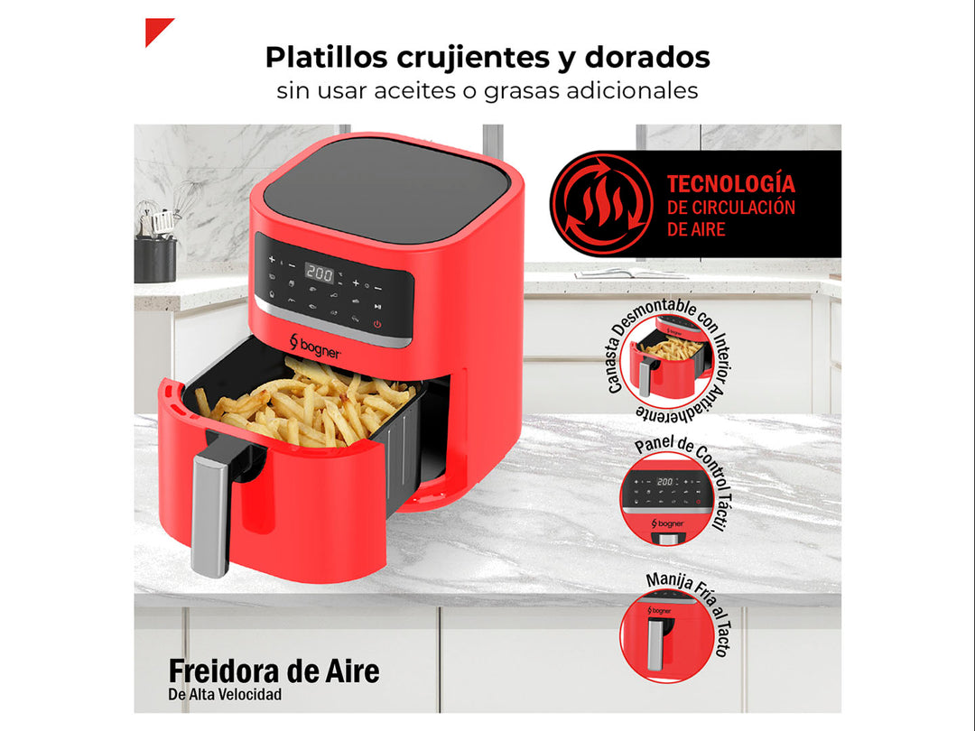 Freidora de aire Bogner color rojo con panel de control digital y mango plateado.