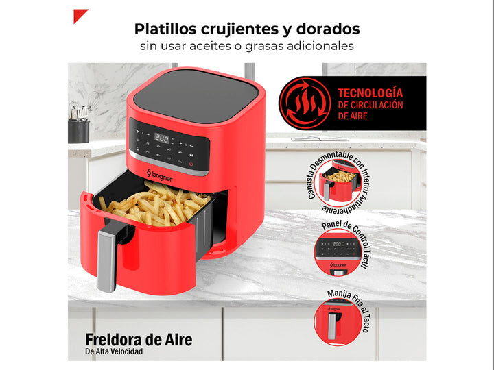 Freidora de aire Bogner color rojo con panel de control digital y mango plateado.