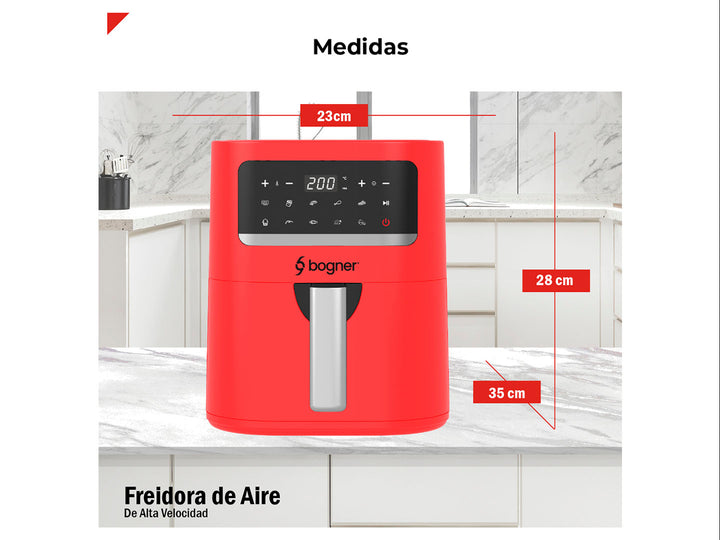 Freidora de aire Bogner color rojo con panel de control digital y mango plateado.