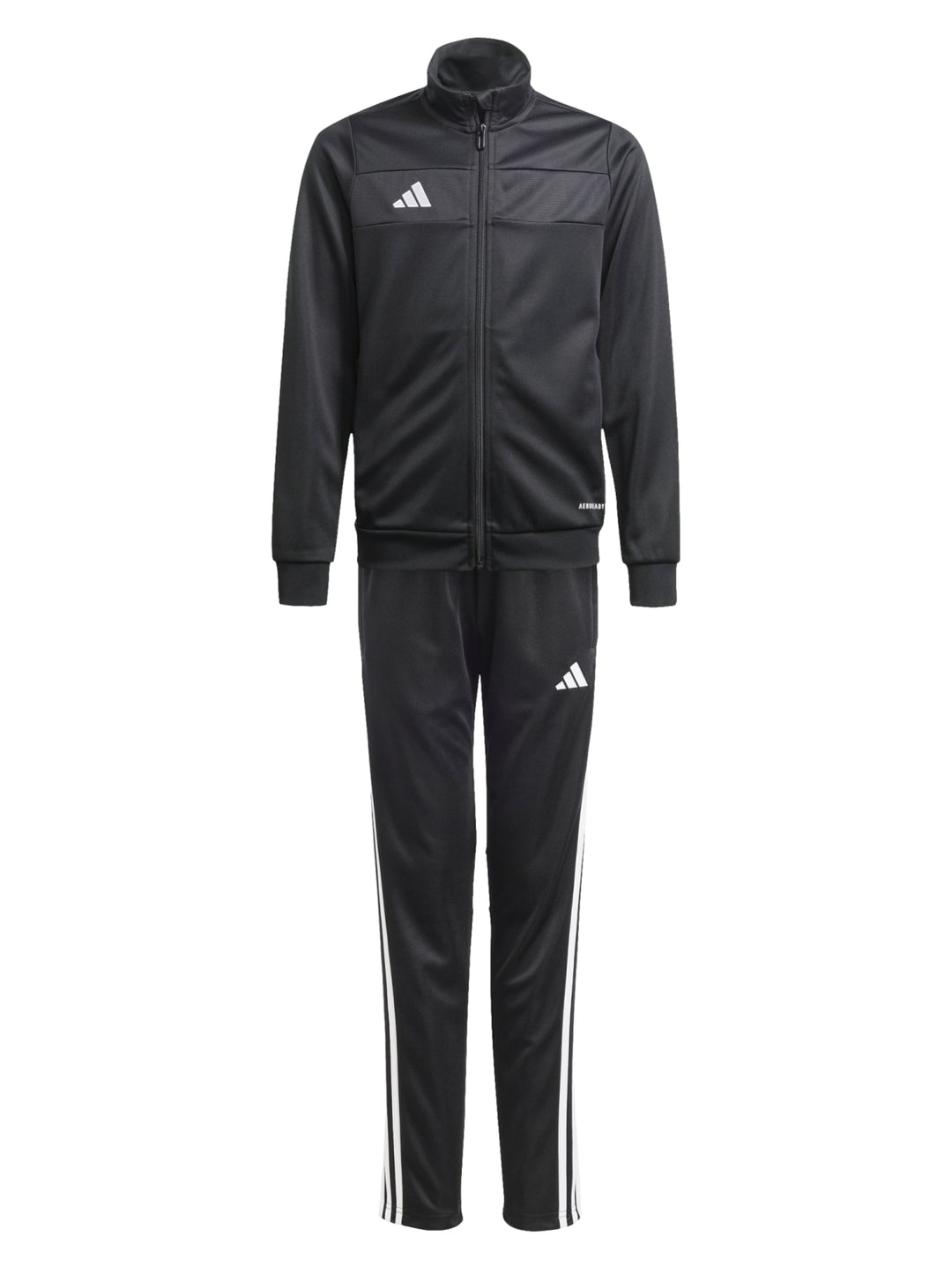 Conjunto deportivo Adidas negro para niño, incluye chaqueta y pantalón con rayas blancas laterales.
