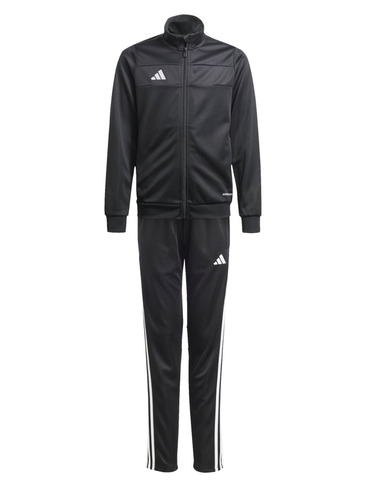 Conjunto deportivo Adidas negro para niño, incluye chaqueta y pantalón con rayas blancas laterales.