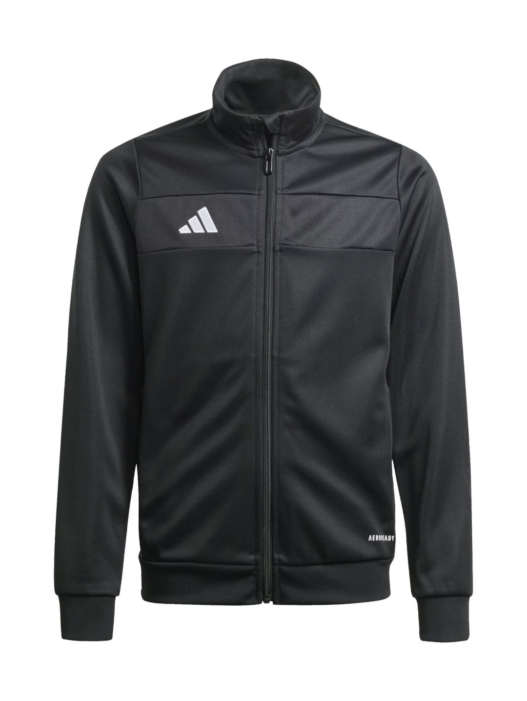 Conjunto deportivo Adidas negro para niño, incluye chaqueta y pantalón con rayas blancas laterales.