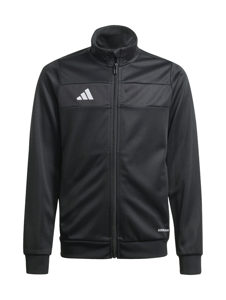 Conjunto deportivo Adidas negro para niño, incluye chaqueta y pantalón con rayas blancas laterales.