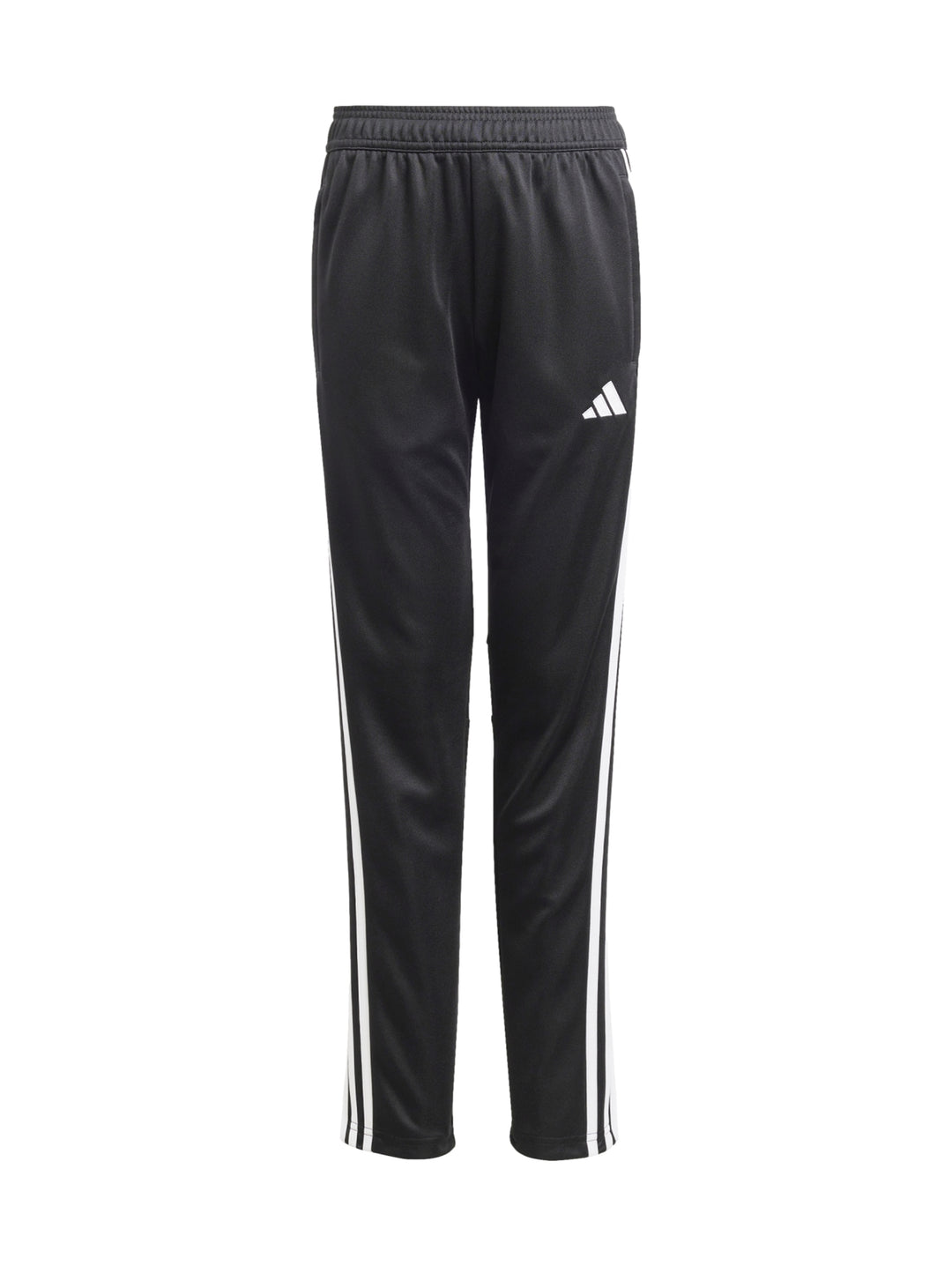 Conjunto deportivo Adidas negro para niño, incluye chaqueta y pantalón con rayas blancas laterales.