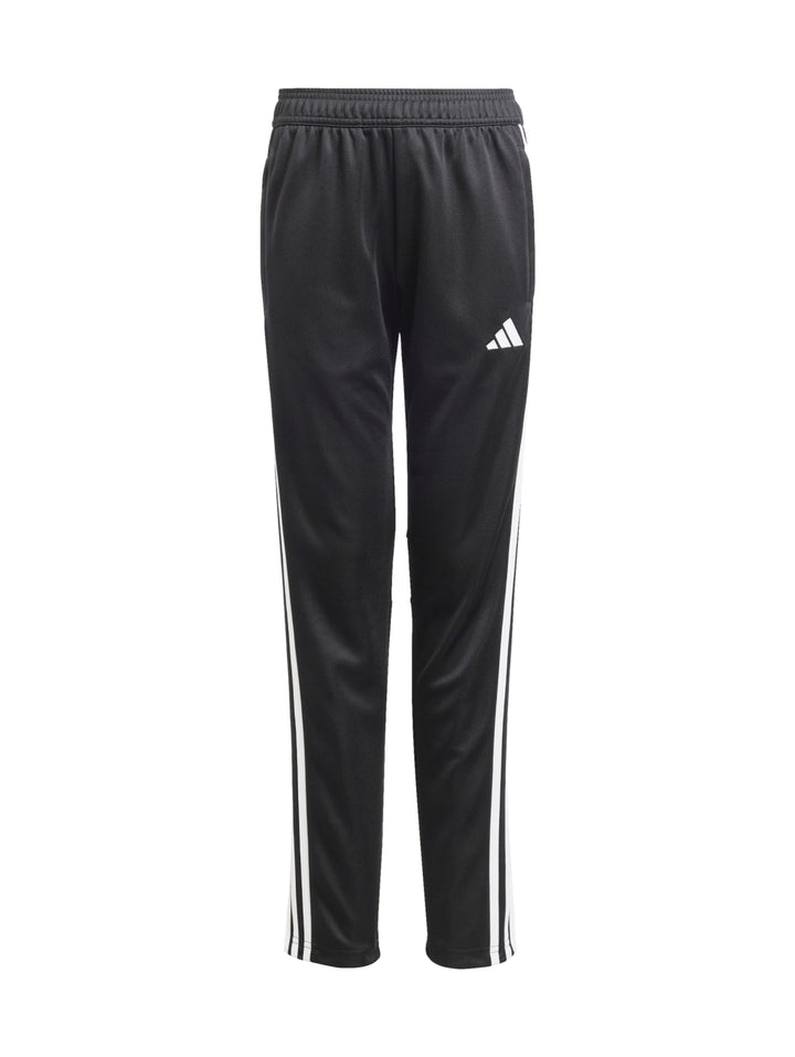 Conjunto deportivo Adidas negro para niño, incluye chaqueta y pantalón con rayas blancas laterales.