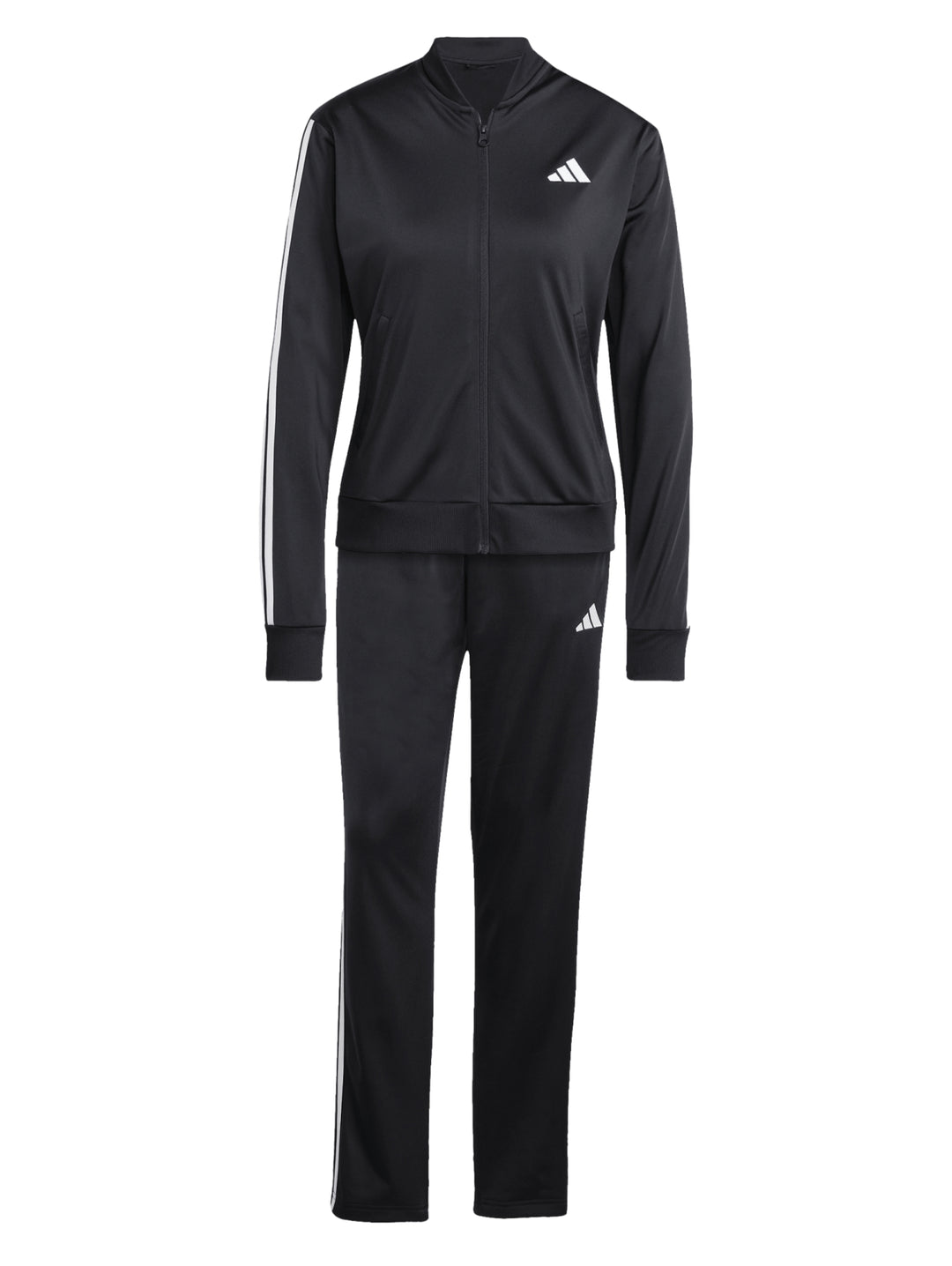 Conjunto deportivo Adidas negro con tres rayas blancas laterales en chaqueta y pantalón.