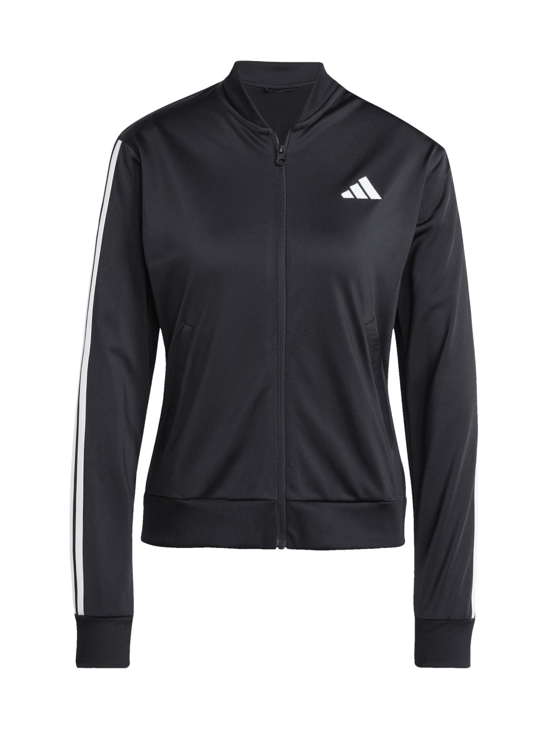 Conjunto deportivo Adidas negro con tres rayas blancas laterales en chaqueta y pantalón.
