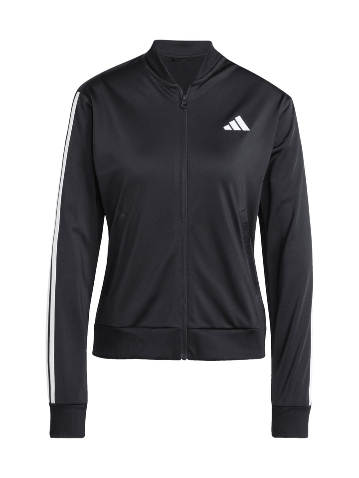 Conjunto deportivo Adidas negro con tres rayas blancas laterales en chaqueta y pantalón.