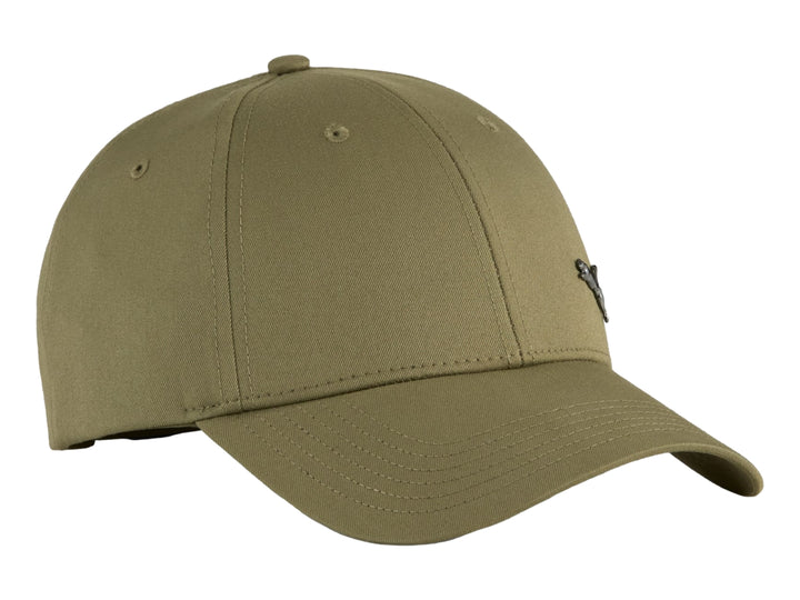 Gorra de béisbol PUMA en color verde oliva con logotipo metálico lateral.