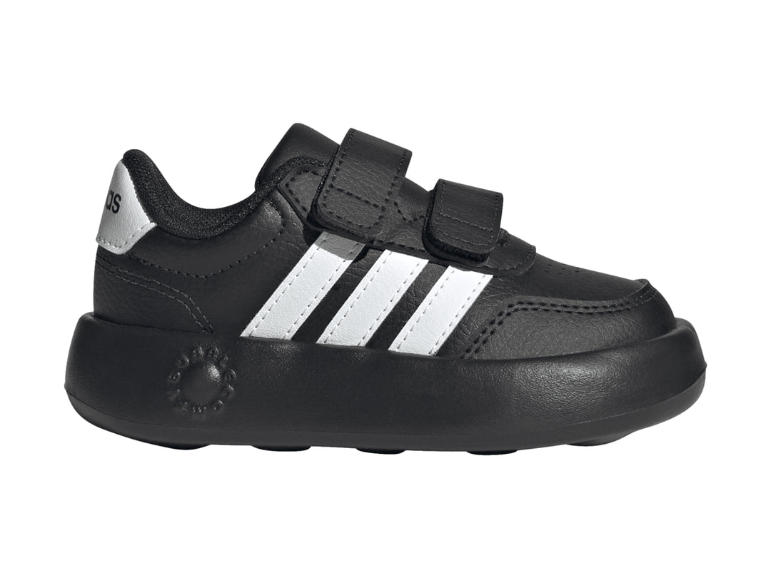 Tenis Adidas Breaknet 3.0 color negro con tres franjas blancas y cierre de velcro.