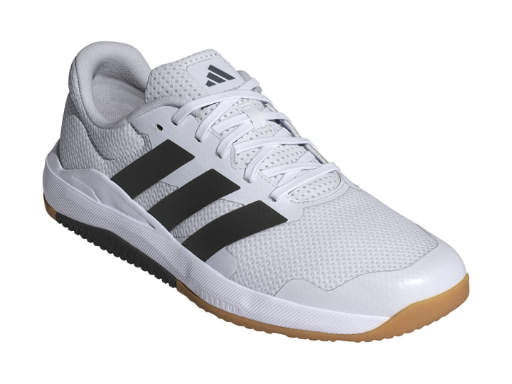 Tenis deportivos Adidas DropSet Base color blanco con franjas negras y suela de goma color café.