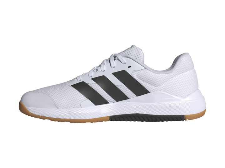 Tenis deportivos Adidas DropSet Base color blanco con franjas negras y suela de goma color café.