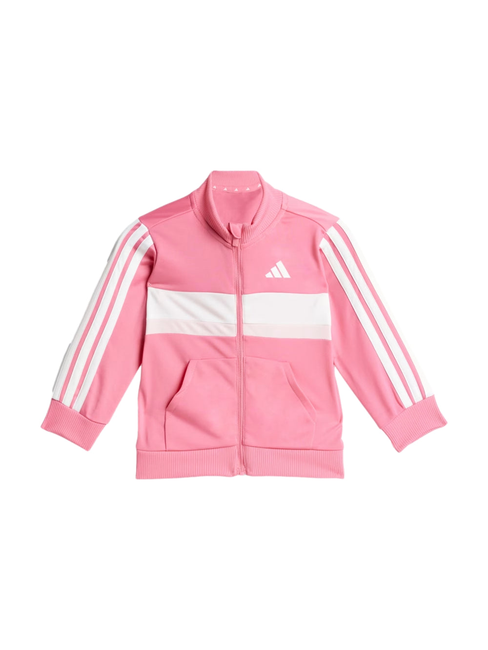 Conjunto deportivo Adidas rosa para niña con franjas blancas laterales y banda blanca en la chaqueta.