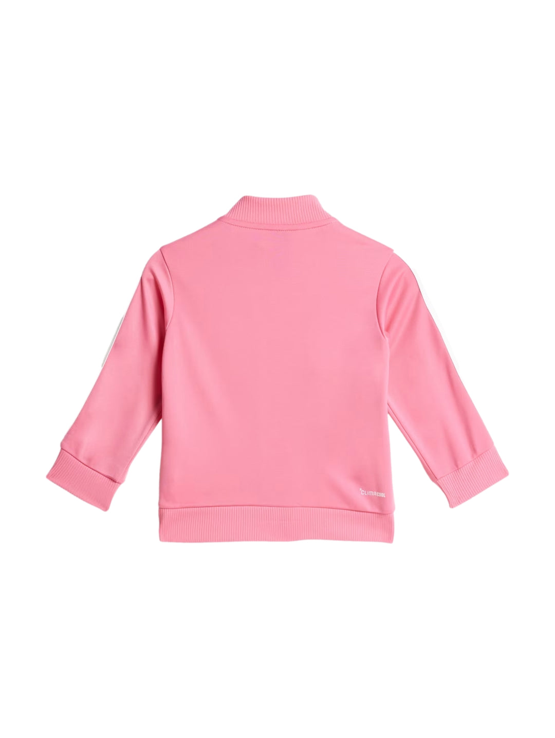 Conjunto deportivo Adidas rosa para niña con franjas blancas laterales y banda blanca en la chaqueta.