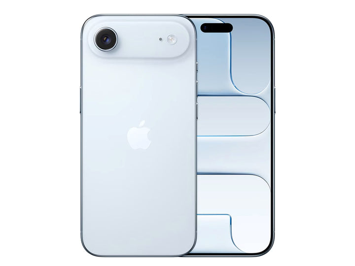 Vista posterior de un iPhone 17 Air en color azul claro con acabado brillante y una cámara trasera.
