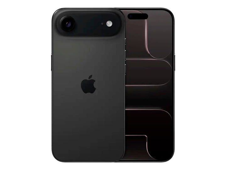 Vista posterior de un iPhone 17 Air en color negro con acabado mate y logotipo de Apple central.