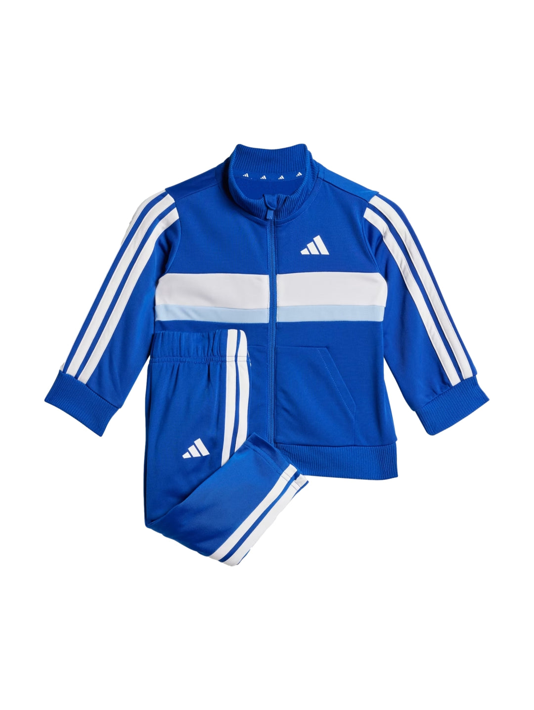 Conjunto deportivo Adidas para niños en color azul con franjas blancas y celestes, incluye chaqueta y pantalón.