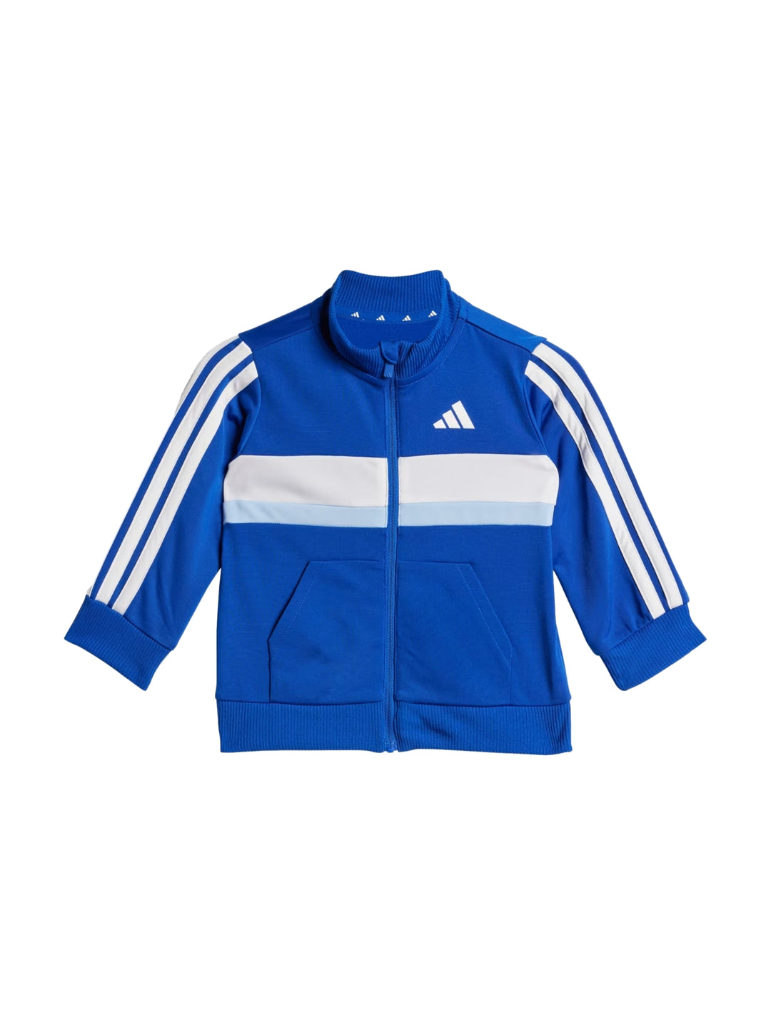 Conjunto deportivo Adidas para niños en color azul con franjas blancas y celestes, incluye chaqueta y pantalón.