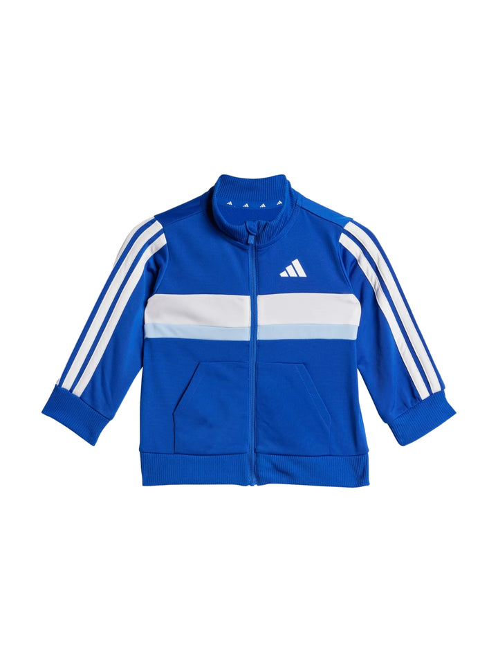 Conjunto deportivo Adidas para niños en color azul con franjas blancas y celestes, incluye chaqueta y pantalón.