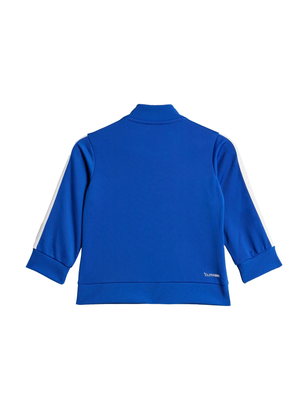 Conjunto deportivo Adidas para niños en color azul con franjas blancas y celestes, incluye chaqueta y pantalón.