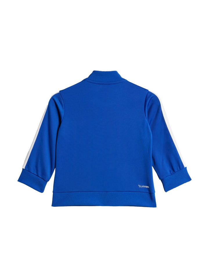 Conjunto deportivo Adidas para niños en color azul con franjas blancas y celestes, incluye chaqueta y pantalón.