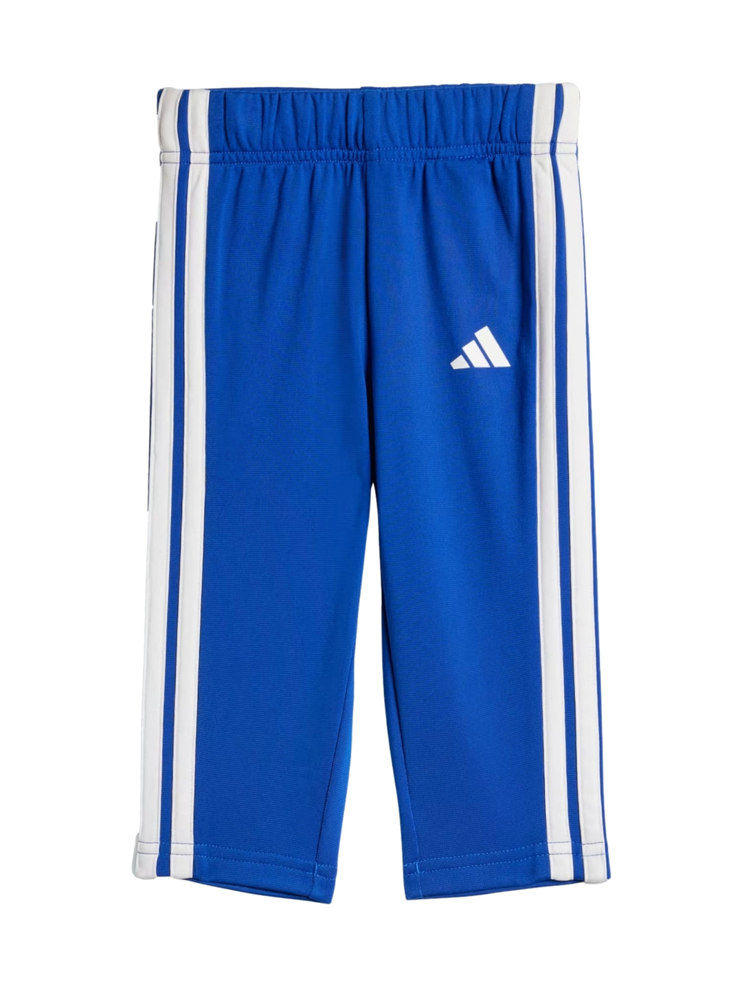 Conjunto deportivo Adidas para niños en color azul con franjas blancas y celestes, incluye chaqueta y pantalón.